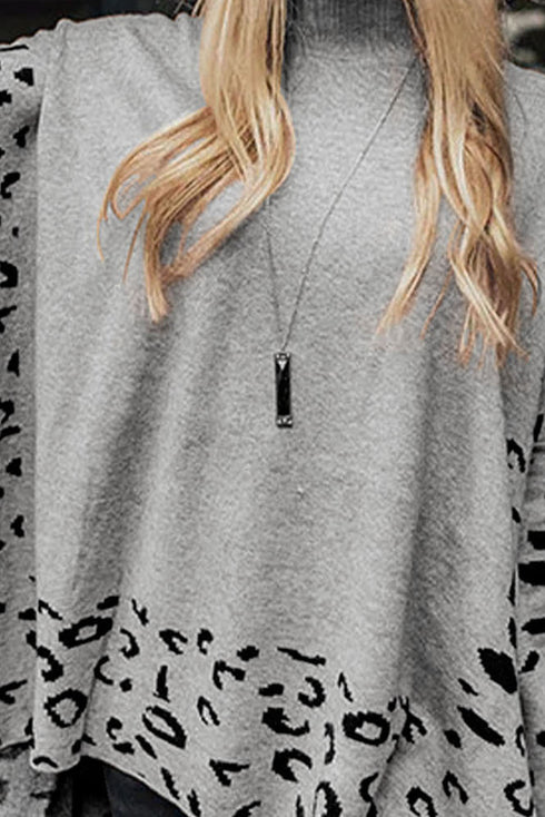Leopard High Neck Side Slit Oversized Sweater
